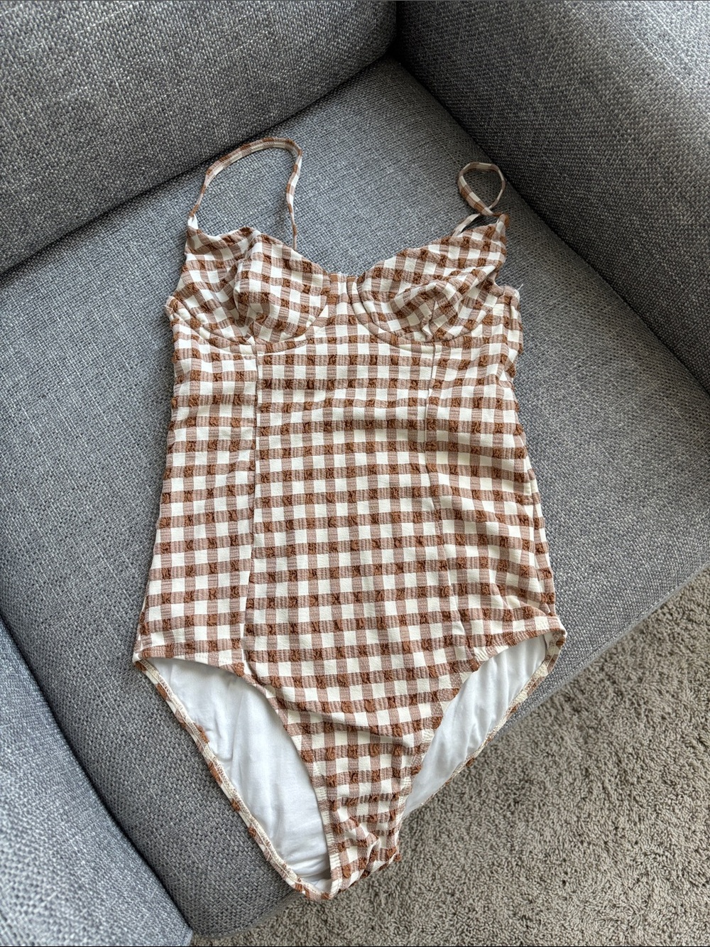 Rylee + Cru Brown and White Gingham One-Piece Swimsuit
